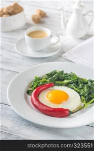 Fried egg with spinach and fresh chilli
