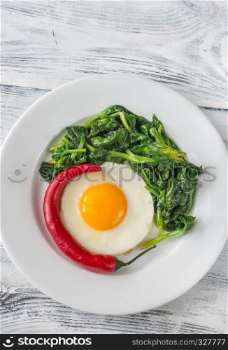 Fried egg with spinach and fresh chilli