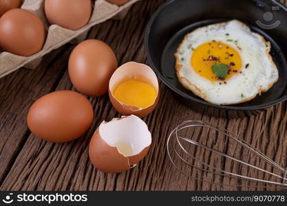 Fried eggs in a frying pan and raw eggs, organic food for good health, high in protein