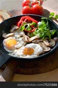 Fried Eggs In A Frying Pan With Cherry Tomatoes
