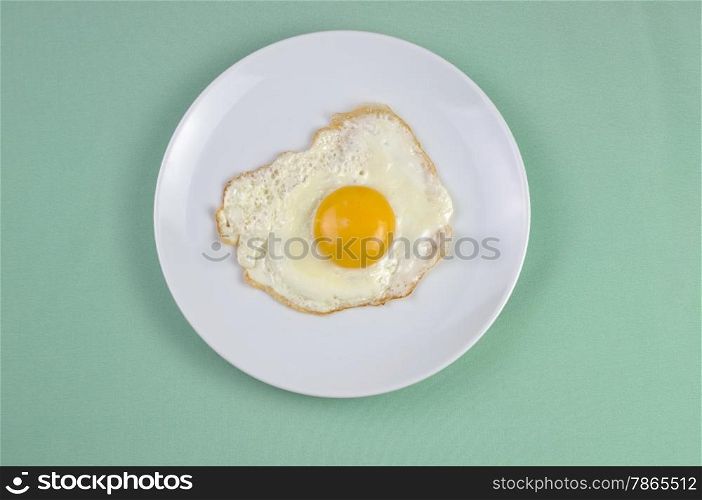 Fried eggs on a white plate and green background