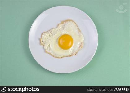 Fried eggs on a white plate and green background