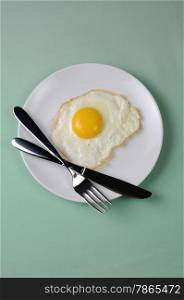 Fried eggs on a white plate with knife and fork