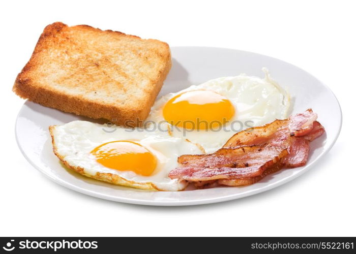 fried eggs with bacon and toasts on white background