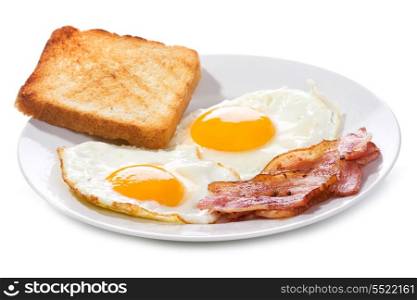 fried eggs with bacon and toasts on white background