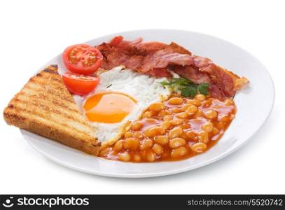 fried eggs with bacon and vegetables on white background