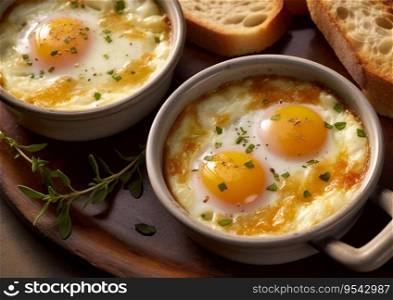 Fried eggs with herbs in deep pan with bread on table.AI Generative