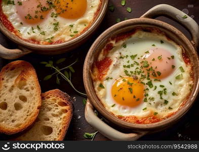 Fried eggs with herbs in deep pan with bread on table.AI Generative