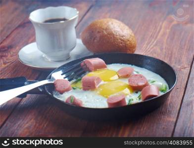 fried eggs with sausages and a cup of coffee .breakfast bachelor