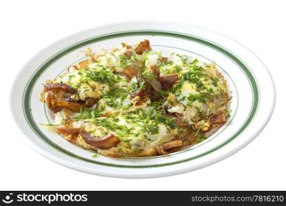 Fried eggs with slices of bacon and greens on a white background.