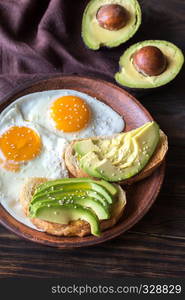 Fried eggs with toasts and avocado