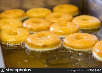 fried equal round doughnuts in deep-fryer on manufacture