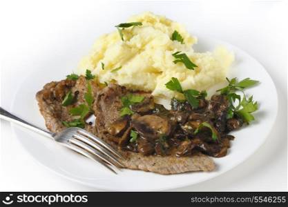 Fried escalope of veal served with mashed potatoes and a creamy mushroom sauce