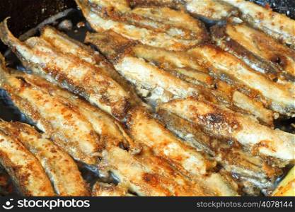 fried fish capelin on black frying pan close up