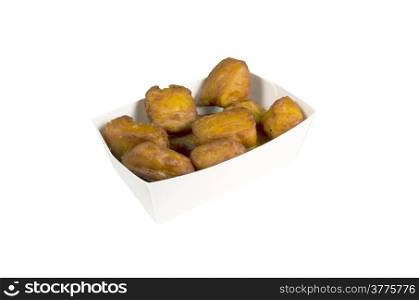 Fried fish in a paper tray on a white background.