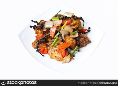 fried fish with chili pepper on white background