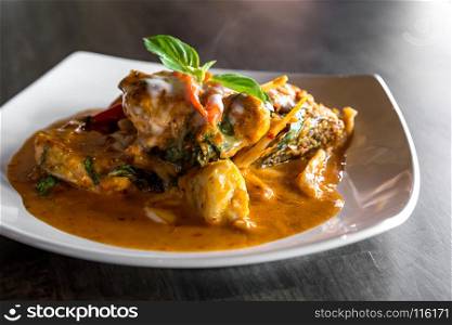 Fried grouper Fish with Red Curry Paste Chu Chee Pla