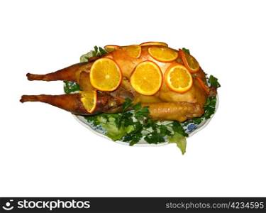 Fried hen lying on the plate on the white background