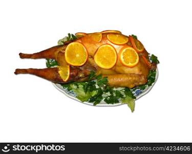 Fried hen lying on the plate on the white background