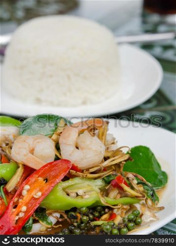Fried herbal vegetables with mix seafood , Thai spicy cuisine