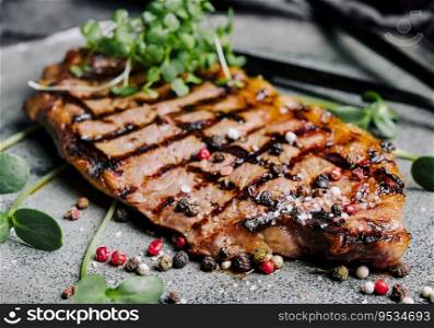 Fried juicy steaks with herbs and spices on plate