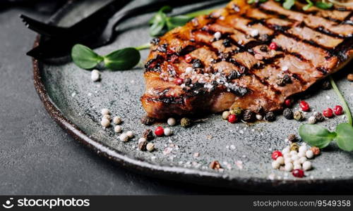 Fried juicy steaks with herbs and spices on plate