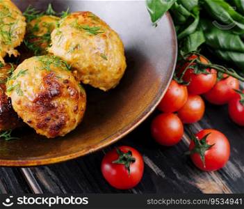 Fried meatballs decorated with salad and tomatoes
