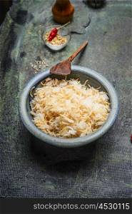 Fried noodle and rice in rustic bowl , Arabic food