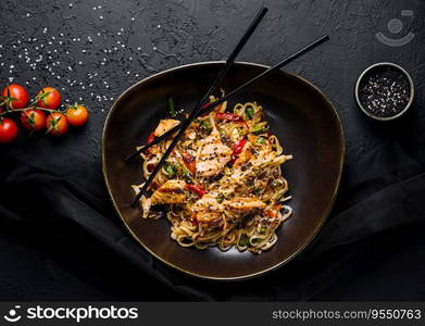 Fried noodles with chicken and vegetables. chicken chow mein