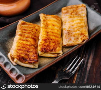 Fried pancakes twisted with meat inside on a plate