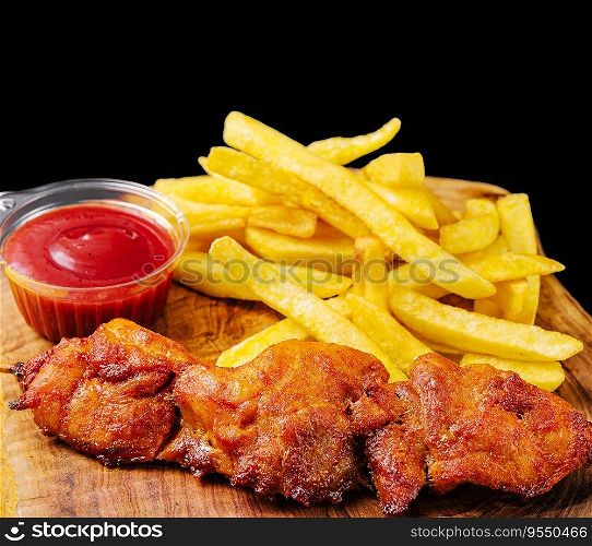 fried pork barbecue with French fries