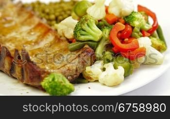Fried Pork Ribs With Vegetables, Closeup