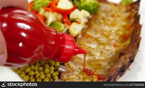 Fried Pork Ribs With Vegetables, Closeup