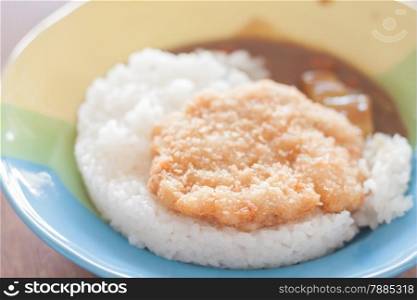 Fried pork top on rice, stock photo