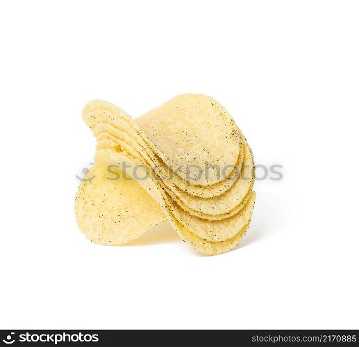fried potato chips with salt and black pepper on a white plate. Fast food