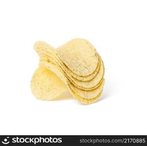fried potato chips with salt and black pepper on a white plate. Fast food