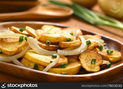 Fried potato slices with fried onion and scallion on wooden plate (Selective Focus, Focus one third into the plate)