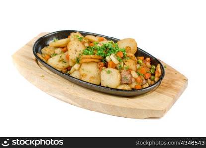 Fried potato with meat and vegetables on a white