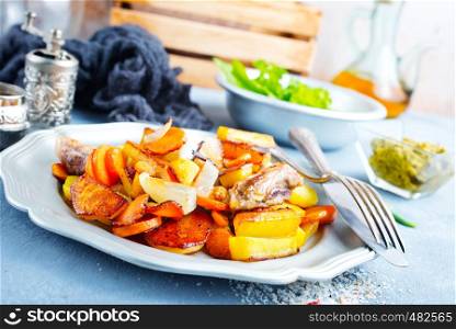 Fried potato with meat, stew meat with vegetables