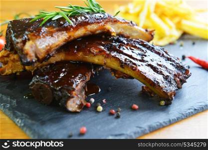 fried potatoes and pork ribs on a plate