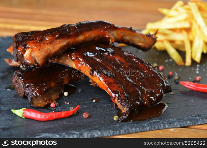 fried potatoes and pork ribs plate