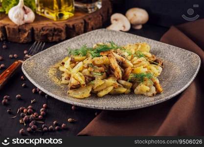 fried potatoes with mushrooms and onions