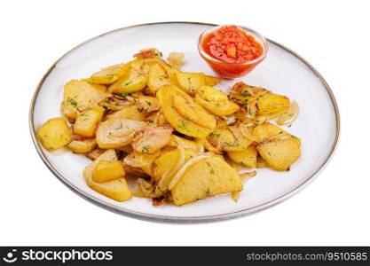 fried potatoes with onions with parsley and sauce
