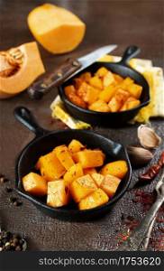 fried pumpkin in pan, fried pumpkin with aroma spice