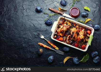 Fried quail with plum sauce. Meat baked with plum in baking dishes.Copy space. Whole quail in plum,space for text