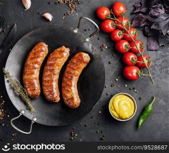 fried sausages on black pan from above