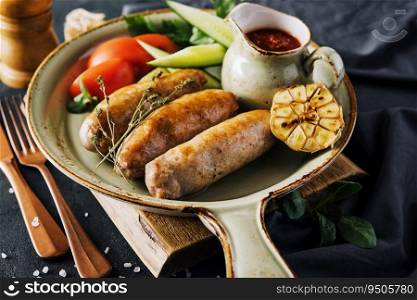Fried sausages with herbs and vegetables in pan