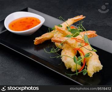 Fried shrimps tempura with sweet chili sauce on black stone plate
