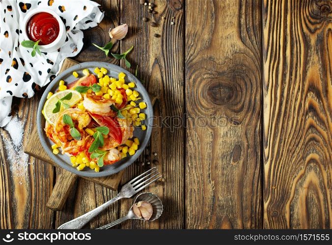 fried shrimps with boiled corn, salad with shrimps