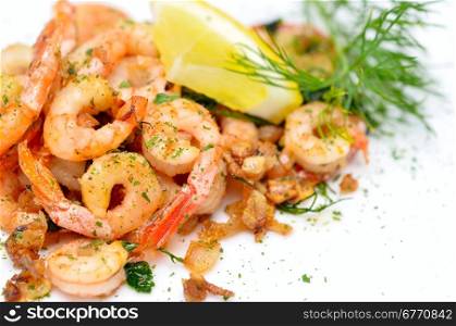 fried shrimps with garlic and fresh dill